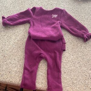 okie dokie Magenta Knit Two-Piece Set with "happy girl" Embroidery